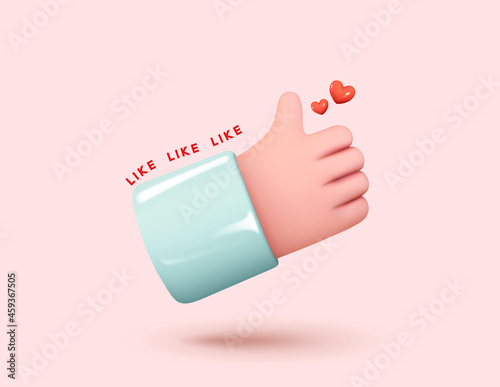 Hand symbol like approved and red heart love. Realistic 3d cartoon style design. Social media Creative concept idea. Vector illustration