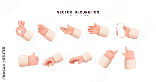 Hands set of realistic 3d design in cartoon style. Hand shows different gestures signs. Vector illustration