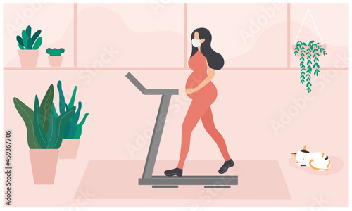 Pregnant woman walking in running treadmill exercise at home vector illustration. Healthy lifestyle concept
