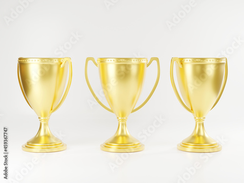 Golden trophy cup, Champion trophy, metallic shiny gold winner cup and victory, Sport game tournament award, studio shot on white background, 3D rendering illustration
