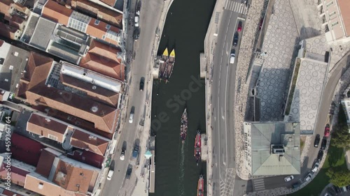 Aerial top down tracking shot capturing activities along water canal in downtown Aveiro. 