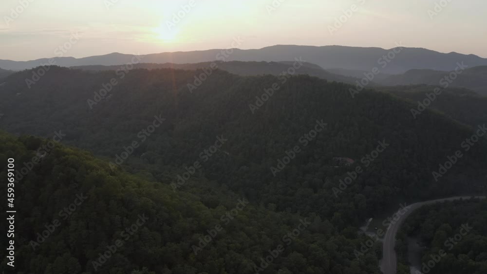Aerial view of Great Smoky Mountains in Tennessee at sunset