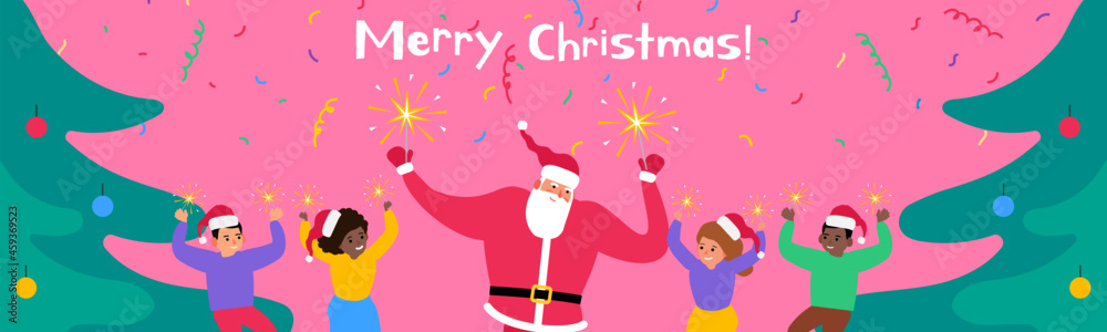 santa claus and children with sparklers celebrating merry christmas party