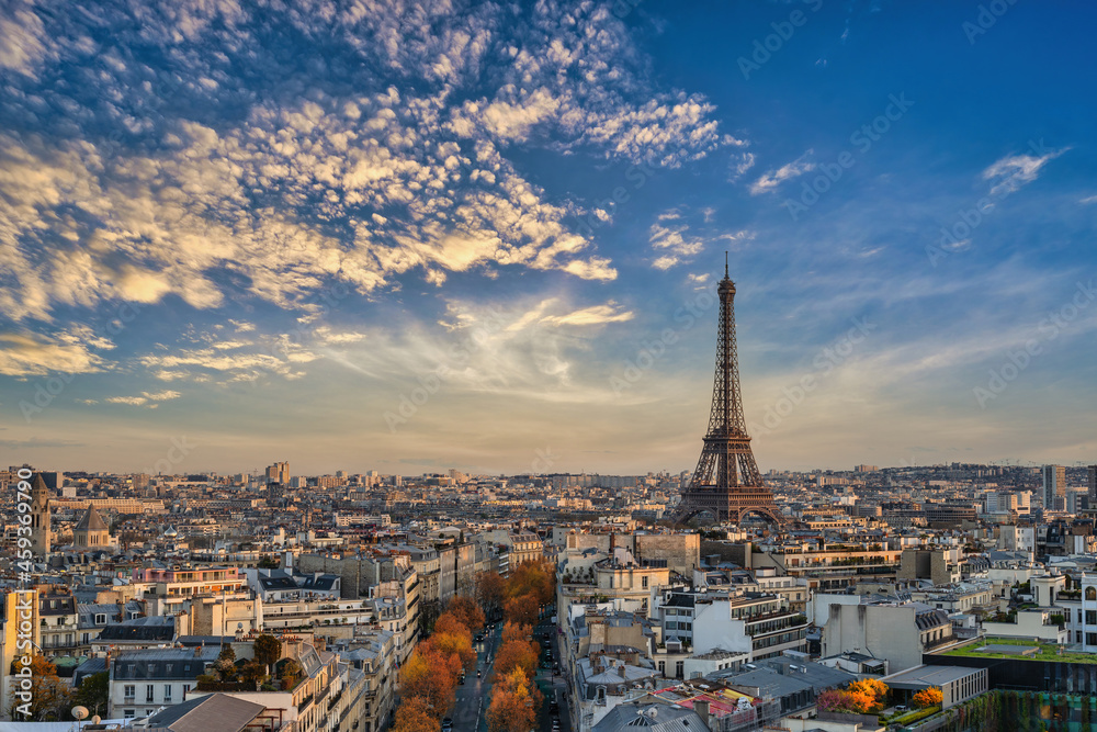 Paris France, high angle view of Eiffel Tower and city skyline with autumn foliage season