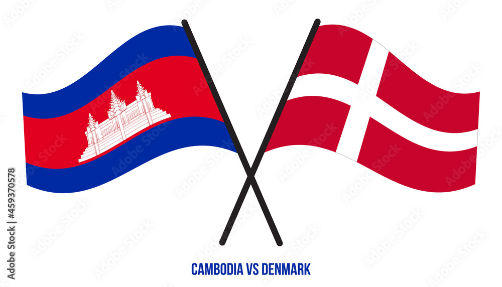 Cambodia and Denmark Flags Crossed And Waving Flat Style. Official Proportion. Correct Colors.