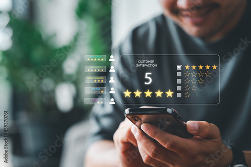 Customer review satisfaction feedback survey concept, User give rating to service experience on online application, Customer can evaluate quality of service leading to reputation ranking of business.