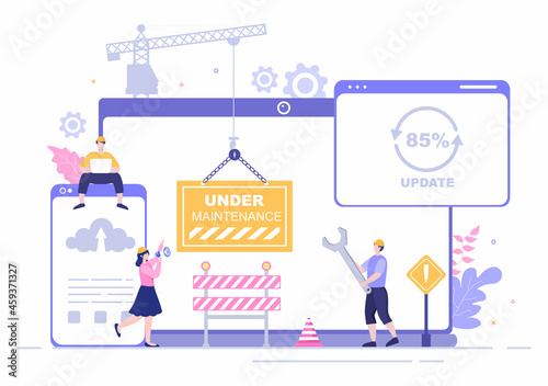 Software System Under Maintenance Vector Illustration. Error Website, Development and Update Webpages on Mobile Application For Poster Template