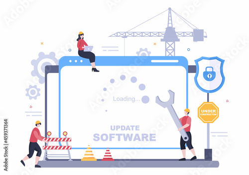 Software System Under Maintenance Vector Illustration. Error Website, Development and Update Webpages on Mobile Application For Poster Template