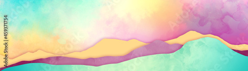 Watercolor mountains painted in sunset colors, mountain background landscape in texture layers, abstract mountains in blue purple pink and yellow cut out design with watercolor sky and clouds 