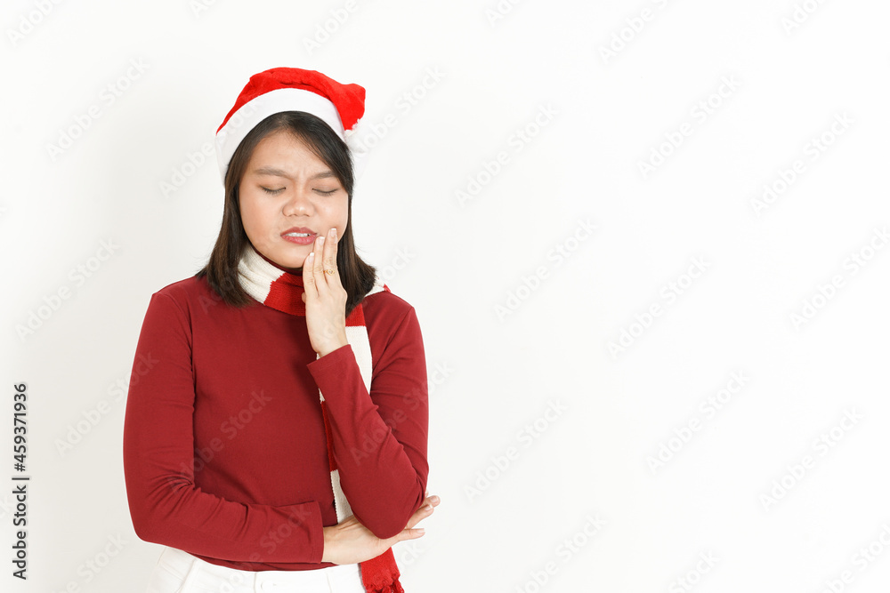 Get Toothache Beautiful Asian Woman Wearing Red Turtleneck and Santa Hat Isolated On White Background Get Toothache Beautiful Asian Woman Wearing Red Turtleneck and Santa Hat Isolated On White Background