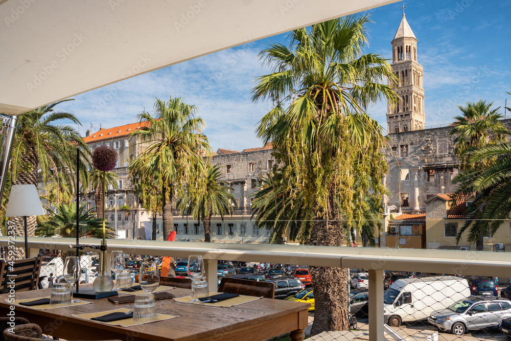 Beautiful view of the Split old town from cozy outdoor cafe in Croatia.
