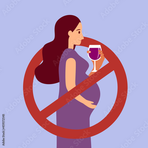 No drinking alcohol while pregnant concept vector illustration. Pregnant woman inside stop drinking sign in flat design.