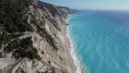 Aftermath of big earthquake and landslide on Egremni Beach, Lefkada, Greece, aerial photo