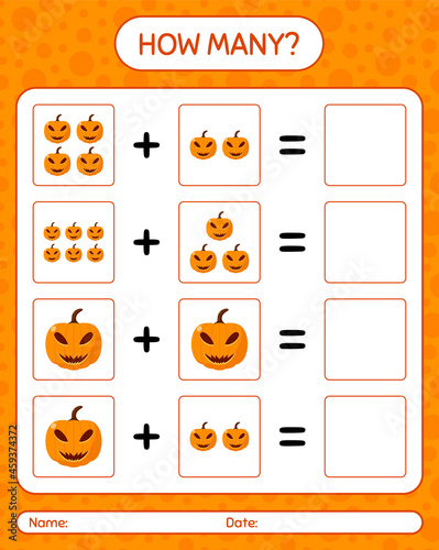 How many counting game with jack o' lantern. worksheet for preschool kids, kids activity sheet