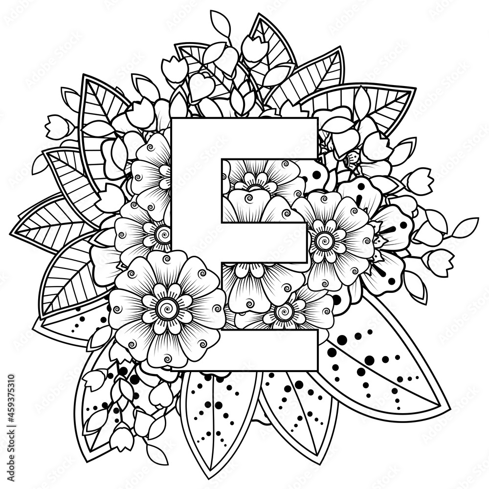 Letter E with Mehndi flower. decorative ornament in ethnic oriental style. coloring book page. Letter E with Mehndi flower. decorative ornament in ethnic oriental style. coloring book page.