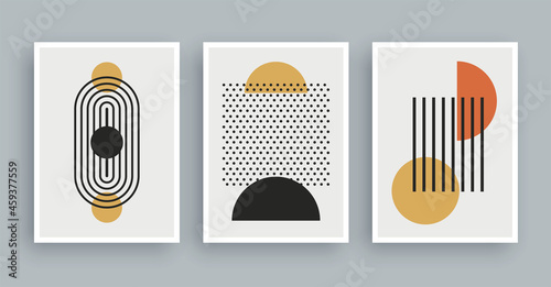 Abstract wall art painting with boho colors background. Minimalist geometric elements and hand drawn line. Mid century scandinavian nordic style.