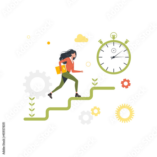 running woman up the career ladder, stopwatch