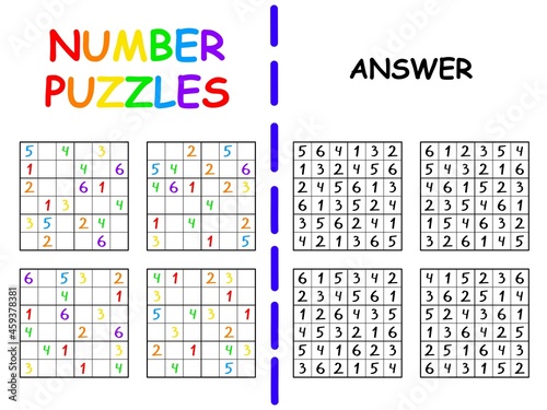 Simple 6 by 6 sudoku set with an answer for kids vector illustration. Funny colorful number puzzle printable worksheet 