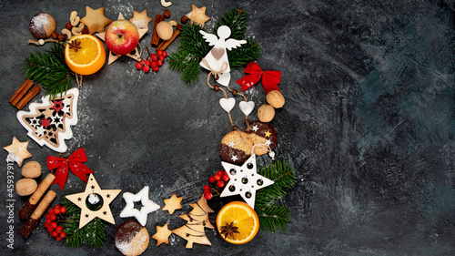 Christmas composition on dark background.