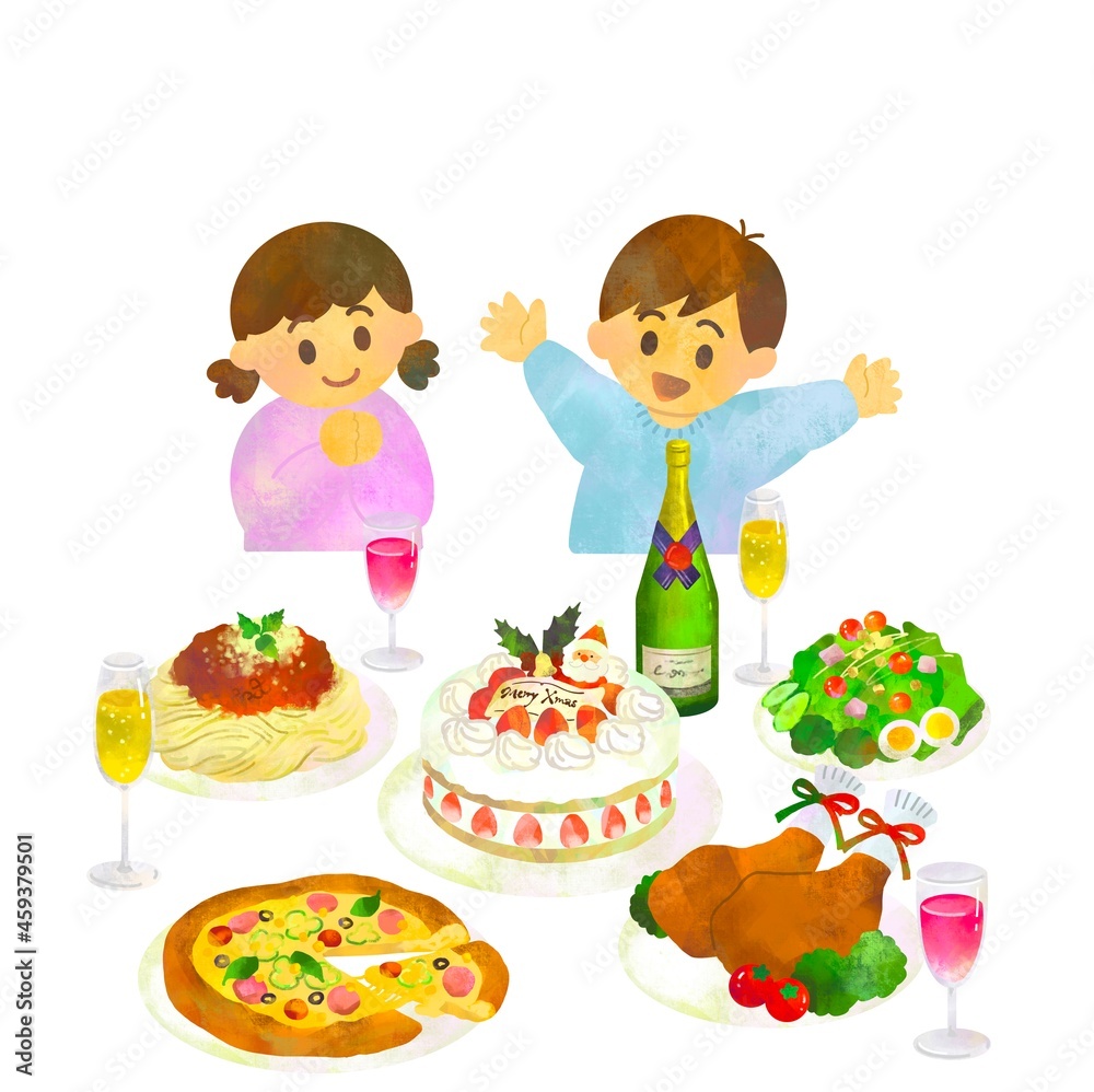 クリスマスパーティに喜ぶ男の子と女の子 クリスマスパーティに喜ぶ男の子と女の子