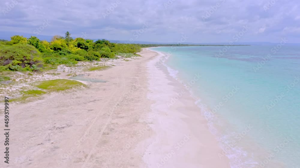 Beautiful deserted tropical white sandy beach of Pedernales, aerial forward. Dominican Republic Beautiful deserted tropical white sandy beach of Pedernales, aerial forward. Dominican Republic