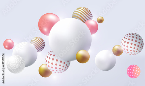 Abstract background with dynamic 3d spheres. White, Gold, pink and marbled spheres balls. Realistic 3d shapes. Modern cover concept. Decoration element for banner design. 3d Vector EPS10