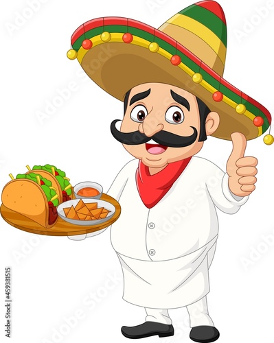 Cartoon Mexican chef with foods giving thumb up