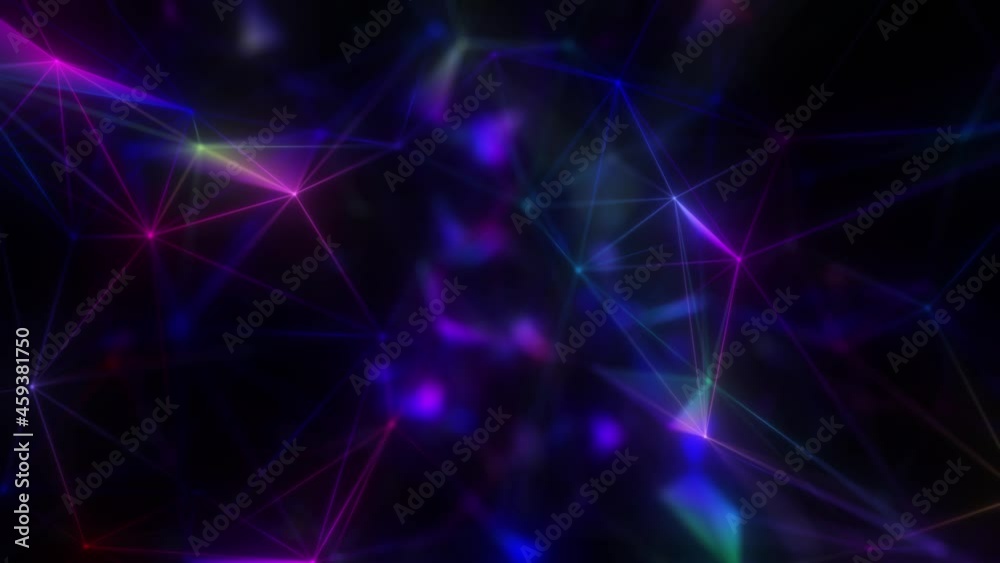 Iridescent sparkling neon composition of intersecting lines connected by dots. Bokeh effect. Seamless loop.