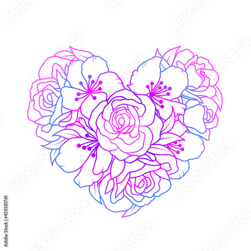 Floral heart, Bouquet composition with hand drawn flowers. Colorful outline style, vector illustration.