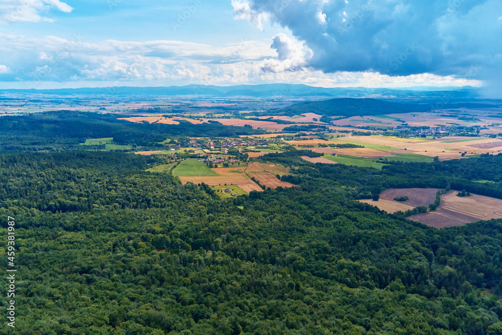 Aerial view of beautiful landscape in Mountains with forest. Sleza mountain near Wroclaw in Poland. Nature background