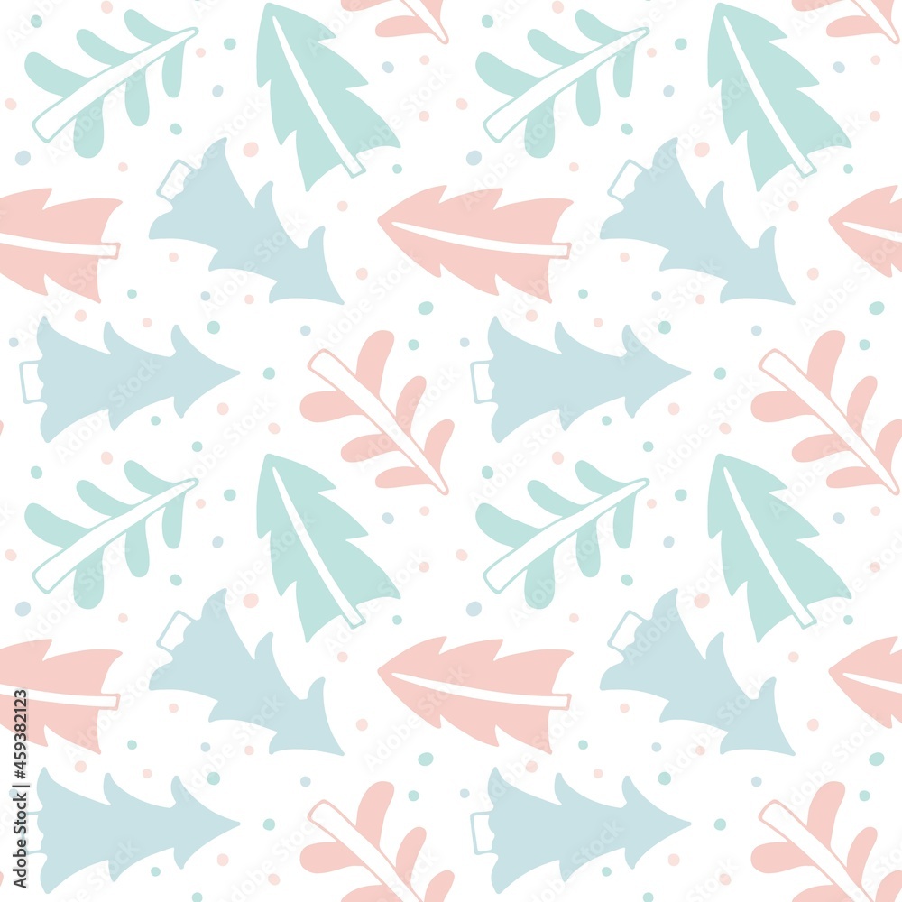 Christmas tree Seamless pattern. Design for Merry Christmas and Happy New Year wrapping, wallpapper, textile. Abstract doodle forest trees in pastel tones. Blue pink half tone Vector illustration.