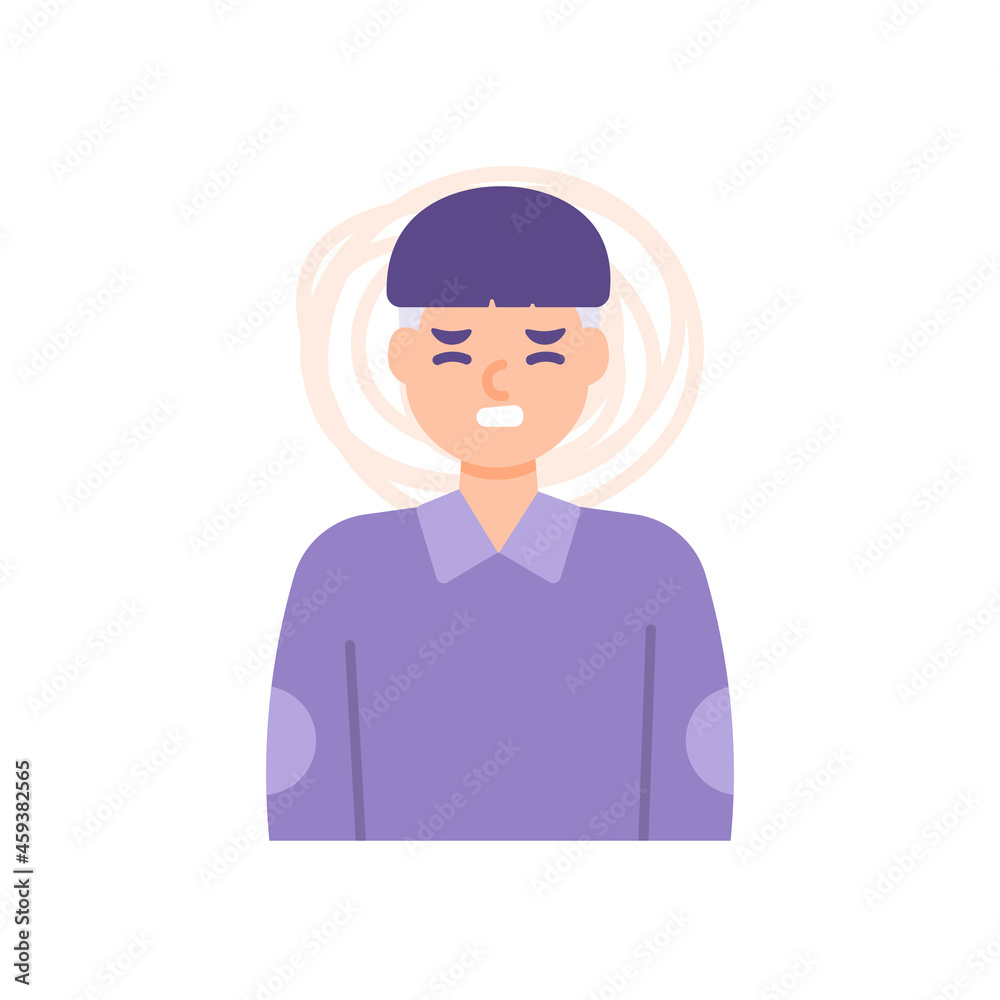 illustration of the expression of a man who feels a headache. confused, stressed, full of problems, complicated. flat cartoon style. vector design