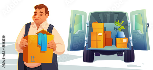 Move to new house, relocation. Man loading boxes in car trunk, delivery service, shipping company porter at open van with household stuff, truck with cardboard containers, Cartoon vector illustration