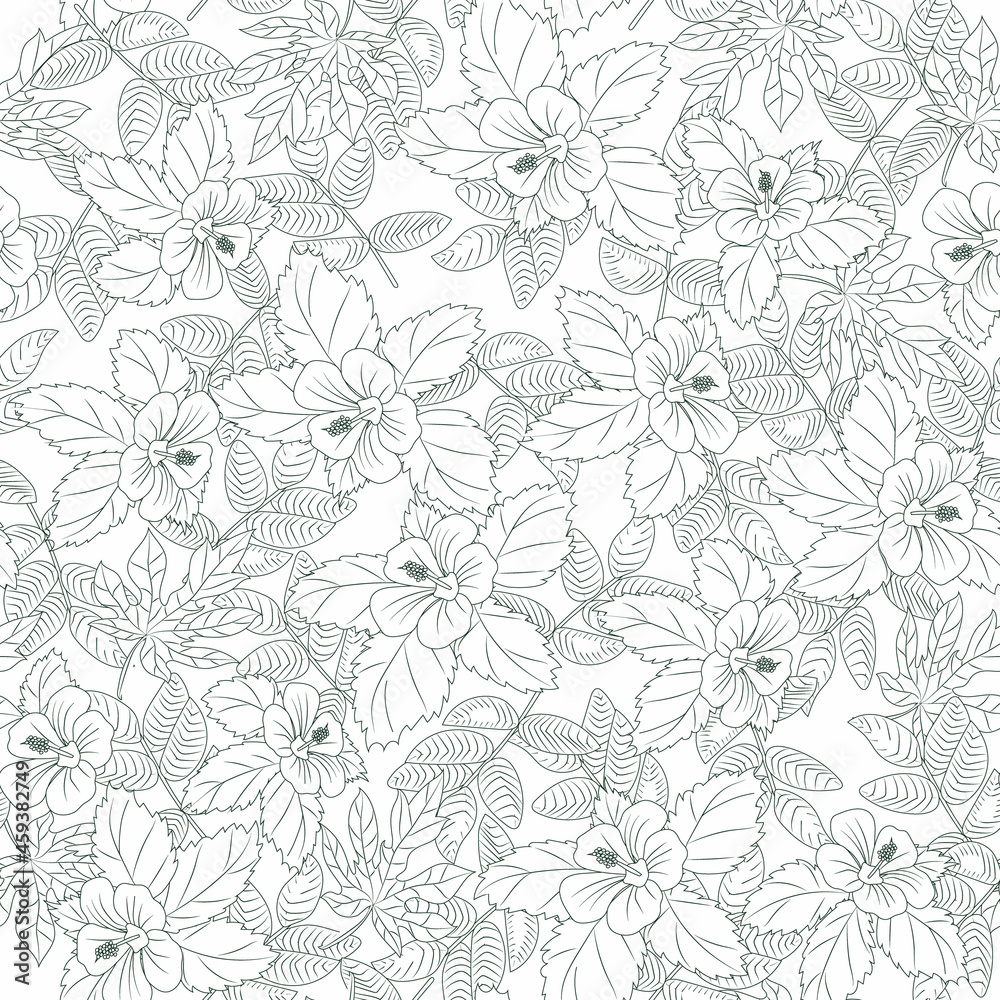 Hibiscus, flowers and leaves, outline on white background, seamless pattern