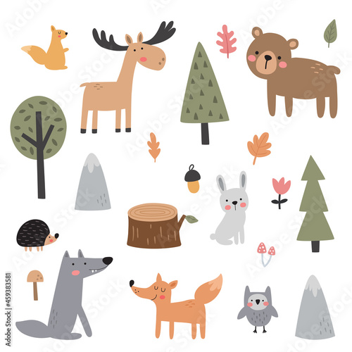 vector set of cute woodland animals for kids