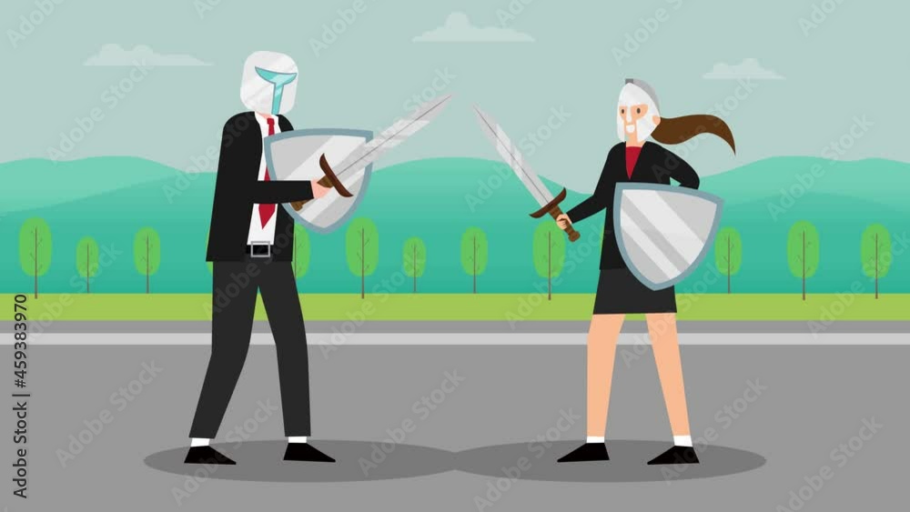 Two business people fighting with sword and shield Two business people fighting with sword and shield