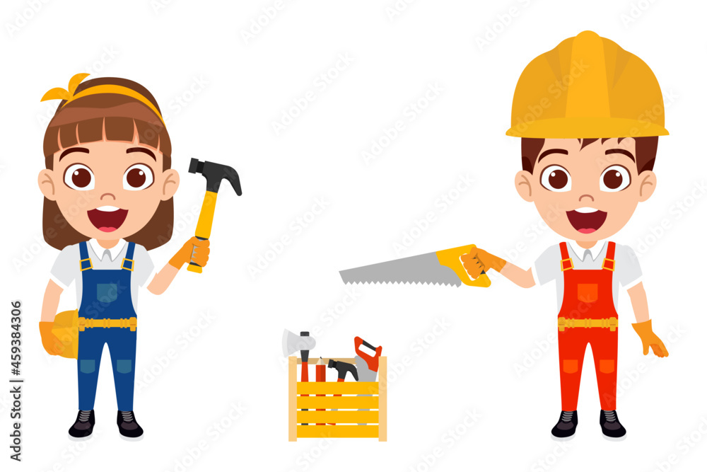 Happy cute kid boy and girl carpenter characters standing with carpenter tools and tools box Happy cute kid boy and girl carpenter characters standing with carpenter tools and tools box