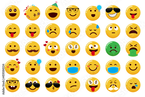 Smileys emoji vector set. Emoticons cute characters with party, cool, crazy and happy emojis face isolated in white background for smiley face expression design. Vector illustration.
