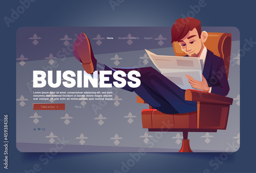 Business man read newspaper cartoon landing page. Businessman sitting on chair reading finance news with cross legs lying on desk. Boss in formal suit work with publication press, Vector web banner