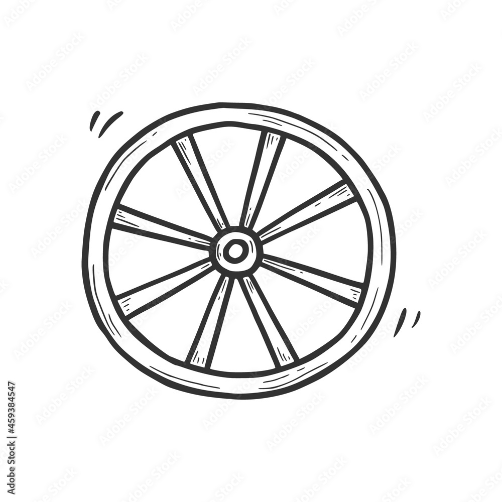 Hand drawn old wagon wheel element. Comic doodle sketch style. Wood wheel for cowboy, western concept icon. Isolated vector illustration.
