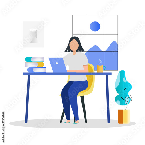 The young lady leaning online from home.