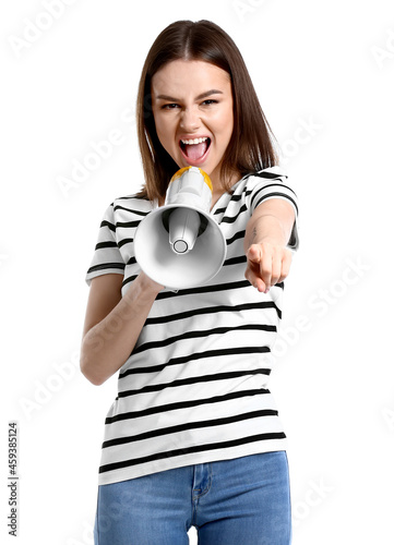 Protesting woman with megaphone on white background