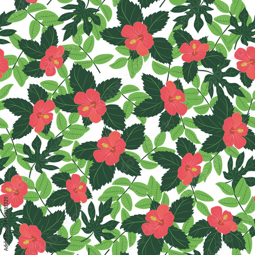 Hibiscus, flowers and leaves, color seamless pattern