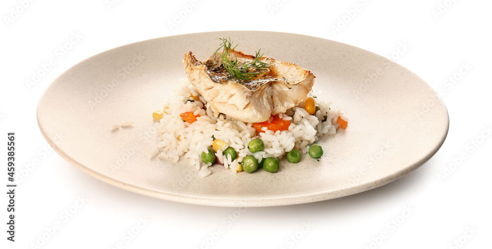 Plate with tasty baked cod fillet, rice and vegetables on white background Plate with tasty baked cod fillet, rice and vegetables on white background