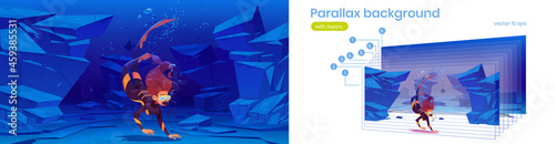 Parallax background for game, scuba diver woman explore sea bottom. Girl in diving mask swim in ocean underwater 2d landscape, effect for animation with separated layers, Cartoon vector illustration