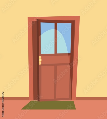 Open up door. Simple and flat style. Inside view from the room of the house. Yellow wall. Cartoon cute fairy tale design. Image background. Vector