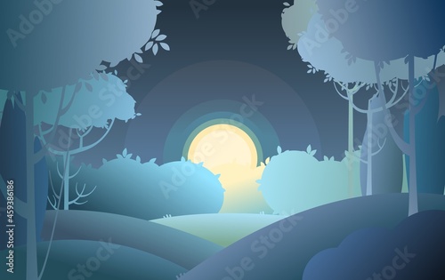 Silhouette night landscape. Big moon. Moonlight. Darkness. Cartoon style. Hills with grass and trees. Dark Leaves. Cool romantic pretty. Flat design background illustration. Vector art