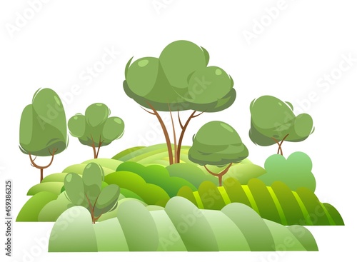 Garden and rolling hills. Rural landscape with fruit trees and farmer hills. Cute funny cartoon design illustration. Flat style. Isolated on white. Vector.