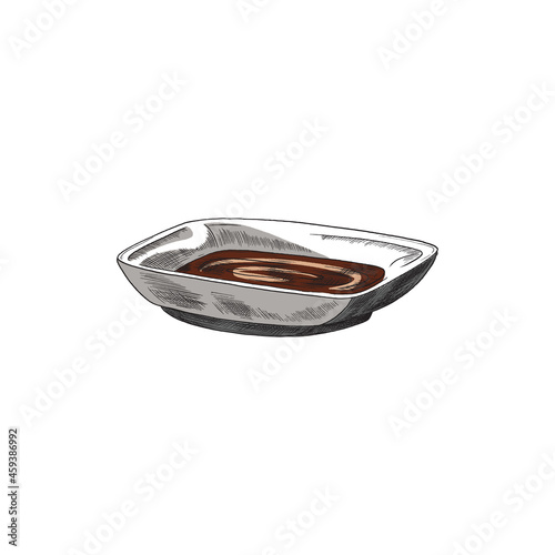 Brown salted soy sauce in white gravy boat in sketch vector illustration