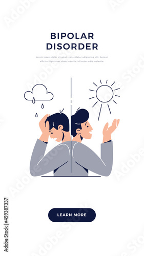 Bipolar disorder banner. Man suffers from mood swings, split mania and depression period. Manic depression, Mental illness, mood and emotional disorder concept for web design.Flat vector illustration